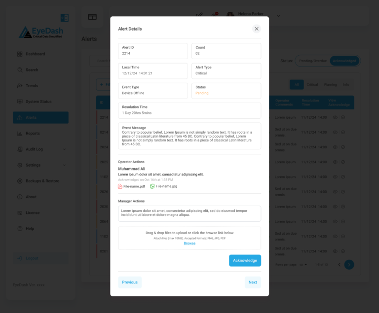 eyedash single alert dashboard cctv approval comment acknowledgement page screenshot